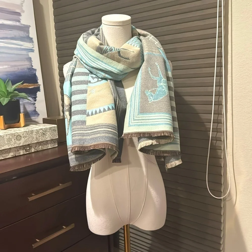 Devon Aqua Equestrian Motif Luxe Multi Use Shawl/Wrap/Home Decor